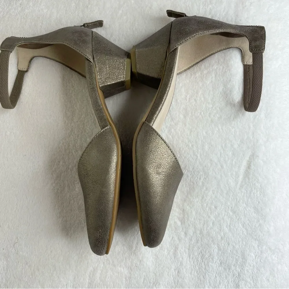 Eileen Fisher Heels Metallic Leather Ankle Strap Zip Back Pumps Gold Size 7.5